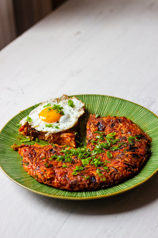 Potato and kimchi rosti with a gochujang hollandaise